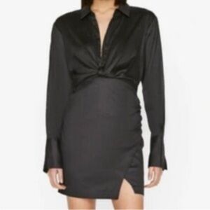 FRAME Black Twist-front Twill Mini Shirt Dress classic minimalist LBD